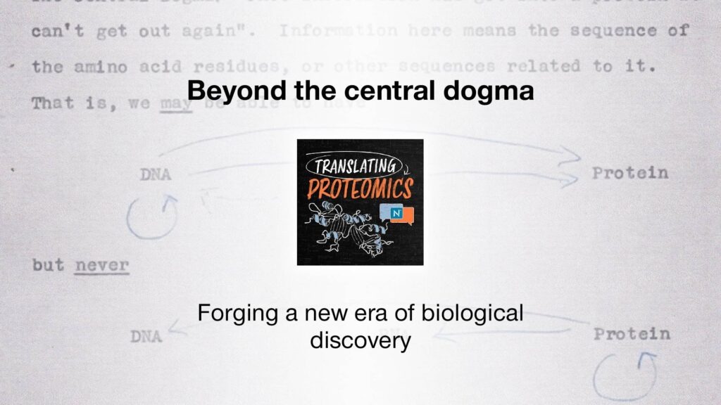 Translating proteomics logo over an old drawing of the central dogma. Central dogma drawing adapted from: https://doi.org/10.1371/journal.pbio.2003243.g001.