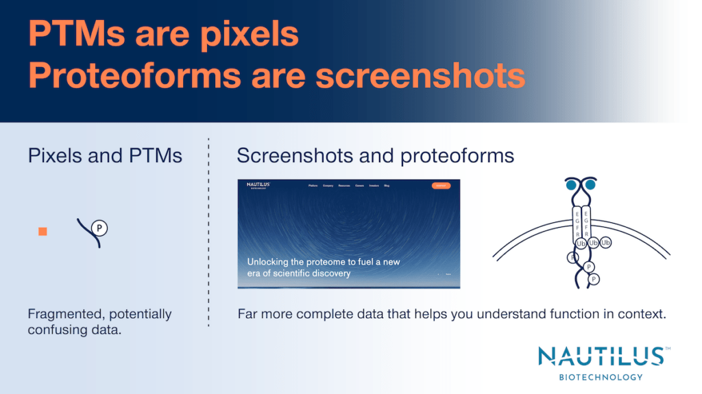 A pixel and a PTM next to a screenshot and a proteoform