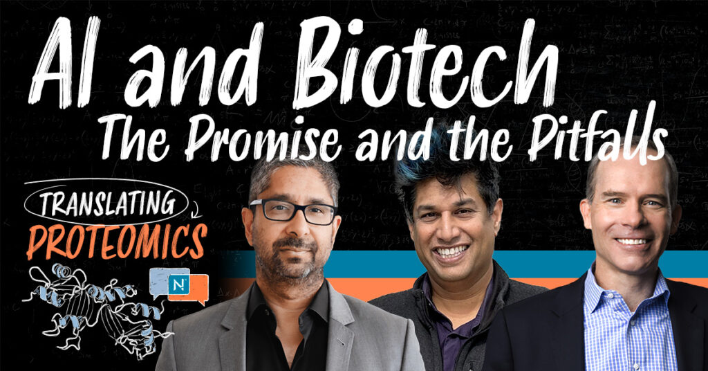 Headshots of Vijay Pande, Parag Mallick, and Matt McIlwain next to the Translating Proteomics podcast logo