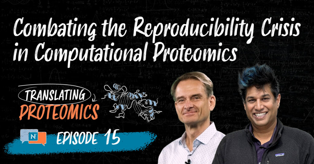 Headshots of Andreas Huhmer and Parag Mallick next to a protein structure and the Translating Proteomics Logo